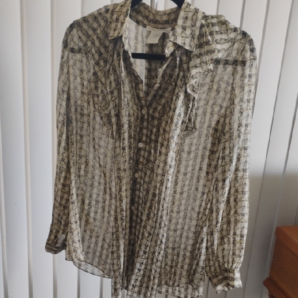 Oscar de la Renta Black and Gold Sheer Ruffled Blouse